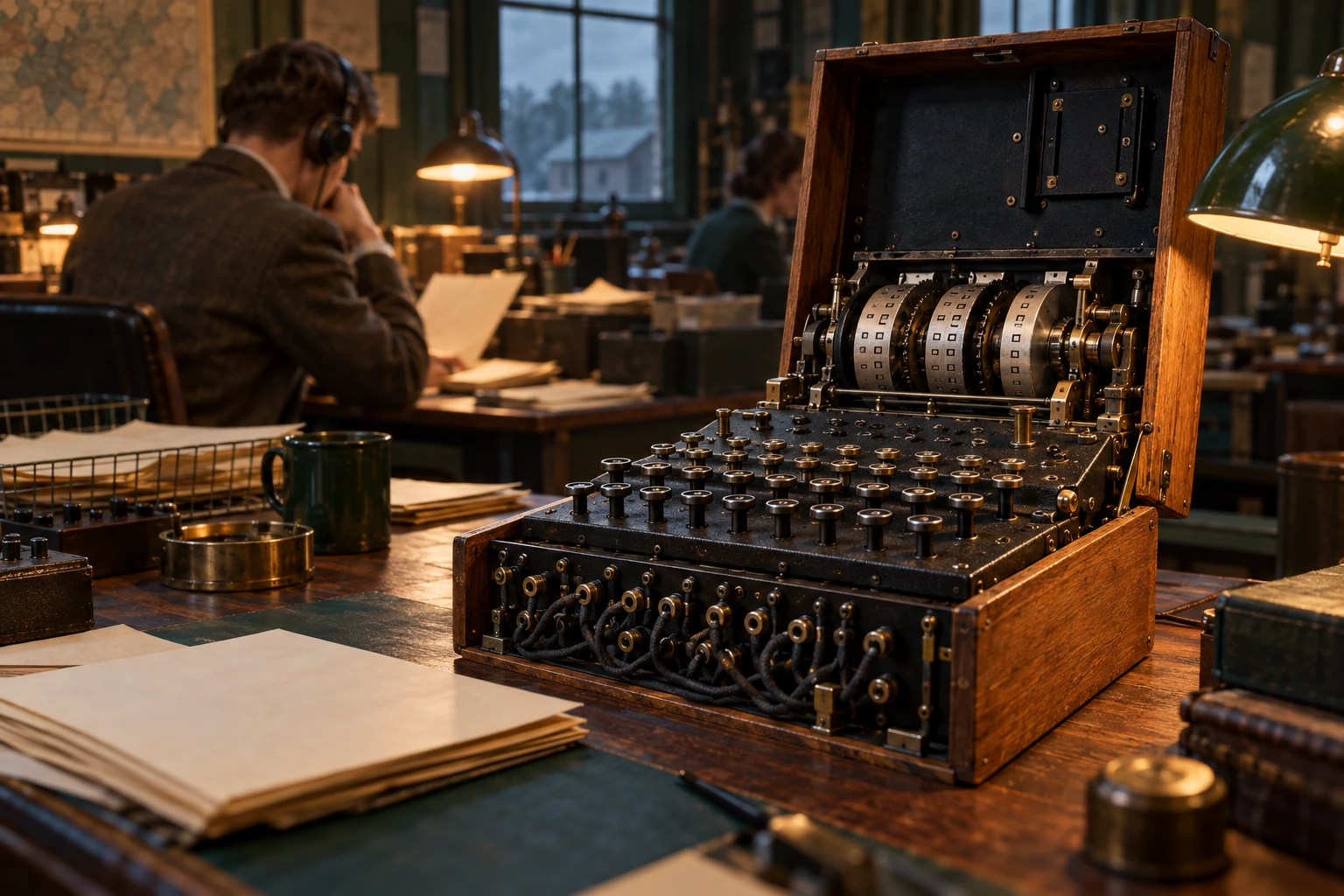AI-created editorial illustration: An Enigma cipher machine and a wartime codebreaking room
