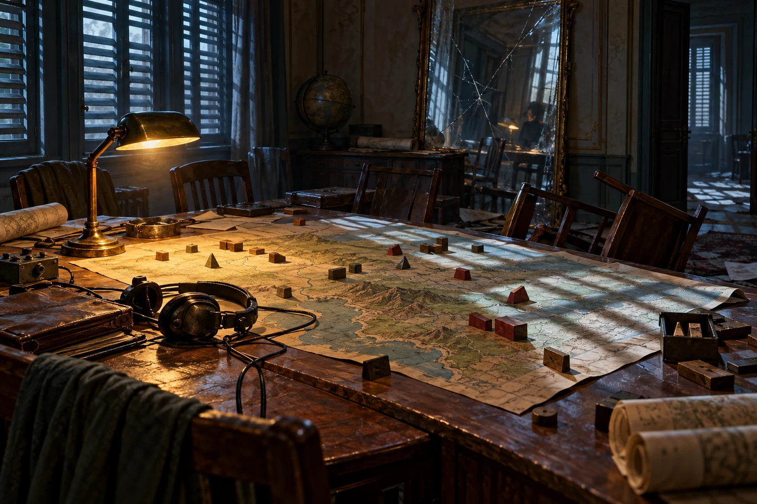 AI-created editorial illustration: A tense wartime command room and map table