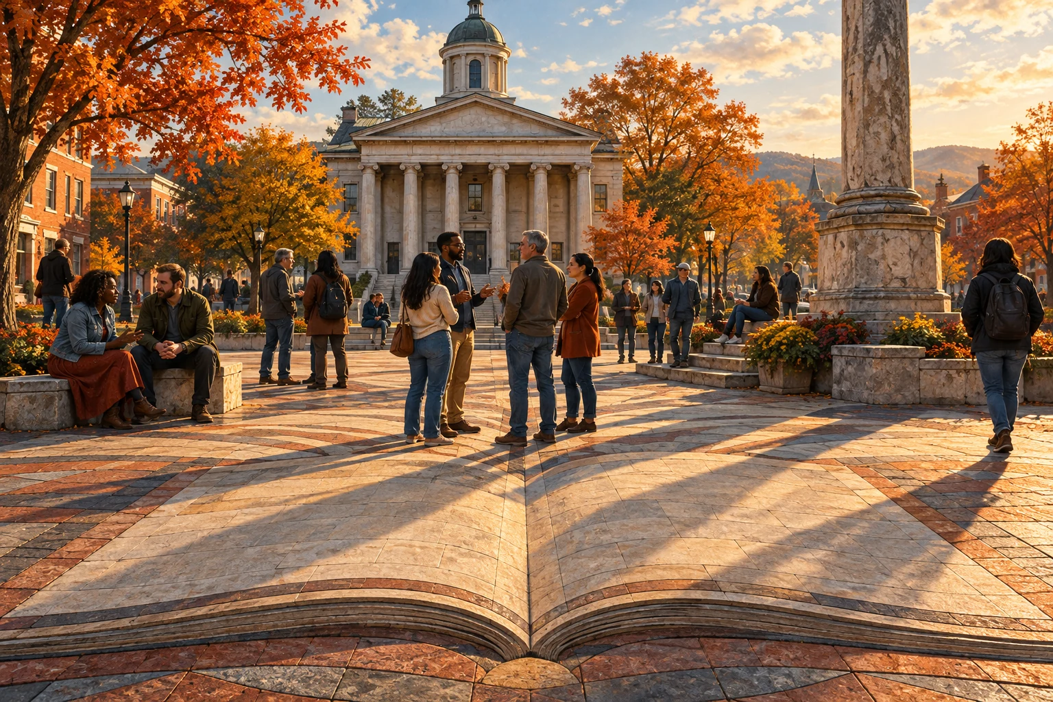 AI-created editorial illustration: A civic public square, books and the idea of citizenship