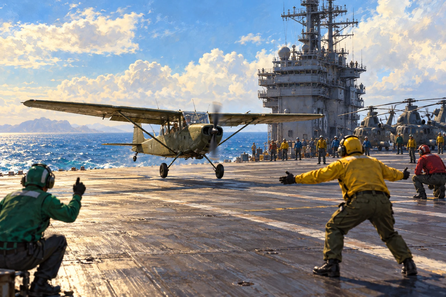 AI-created editorial illustration: A light aircraft approaching a carrier during the 1975 evacuation