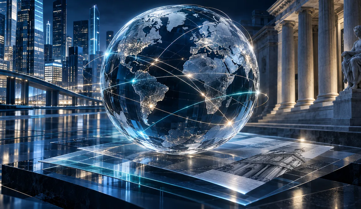 AI-generated image: a glass globe linked by data lines between a modern city skyline and classical columns, a connected ecosystem
